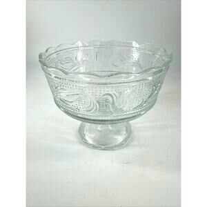 Serving Bowl Clear Glass Round Stamped Glass Vintage Pedestal 6.5” W x 5.5” Tall